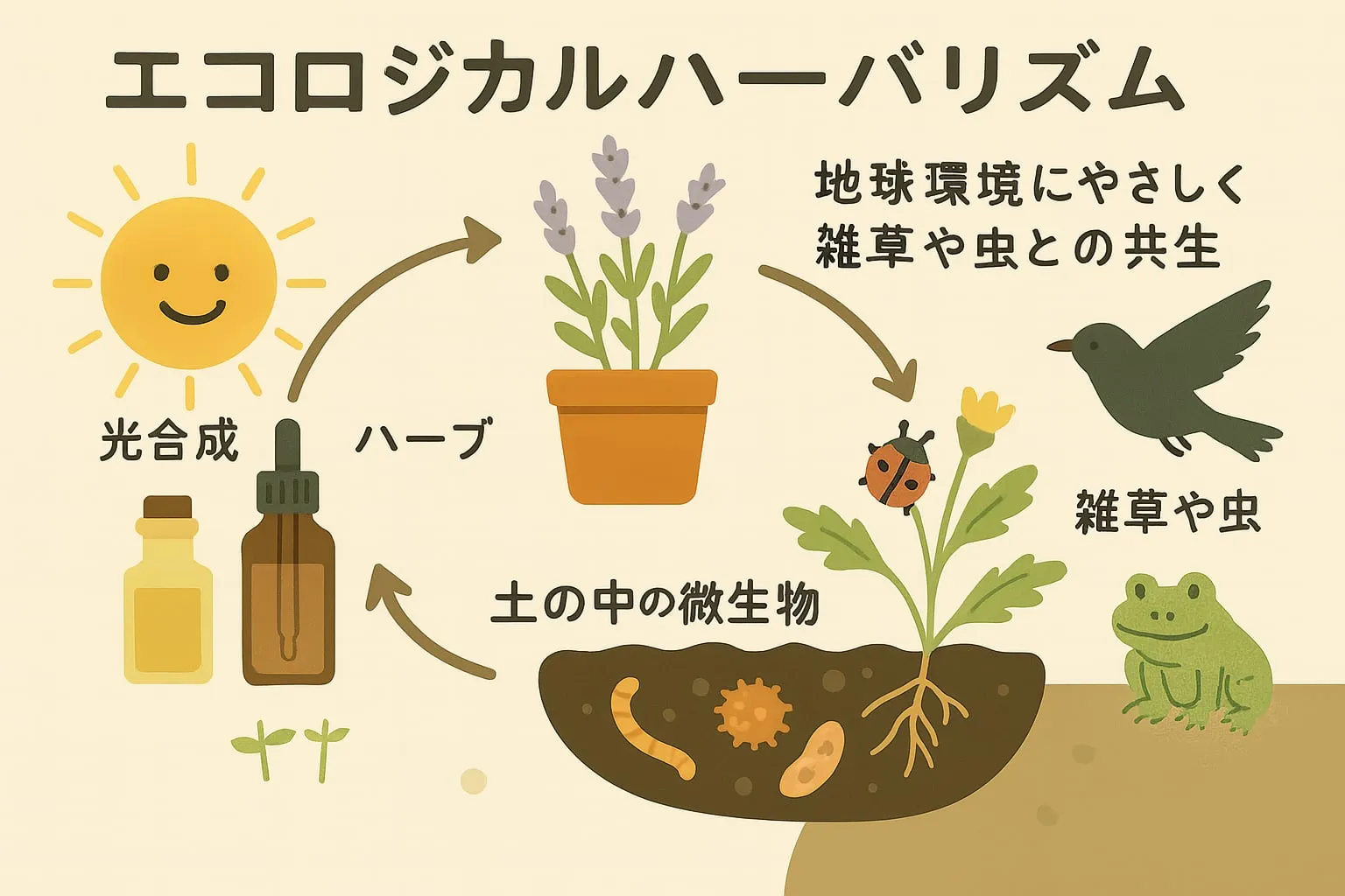 エコロジカルハーバリズムの概念図：太陽の光合成で育つハーブ、土の中の微生物、雑草や虫が互いに循環するエコシステムのイラスト図解｜ヴィーナースメディカルハーブLABO